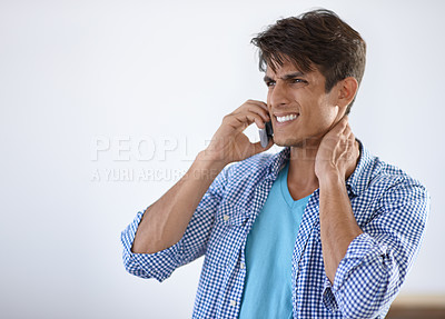 Buy stock photo Cellphone call discussion, problem and man listening, consulting and networking conversation with mobile user. Phone, communication and person stress over bad news, crisis feedback or fail results