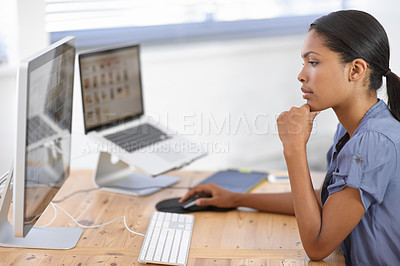Buy stock photo Business woman, desktop or thinking in office of online information, website review or planning solution in creative startup. African designer, computer or research ideas of insight in digital agency