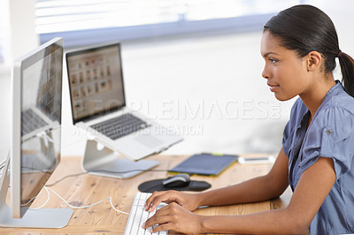 Buy stock photo Business, woman and typing at computer in office for online research, website review or planning connection in creative startup. African designer, desktop and working on information in digital agency