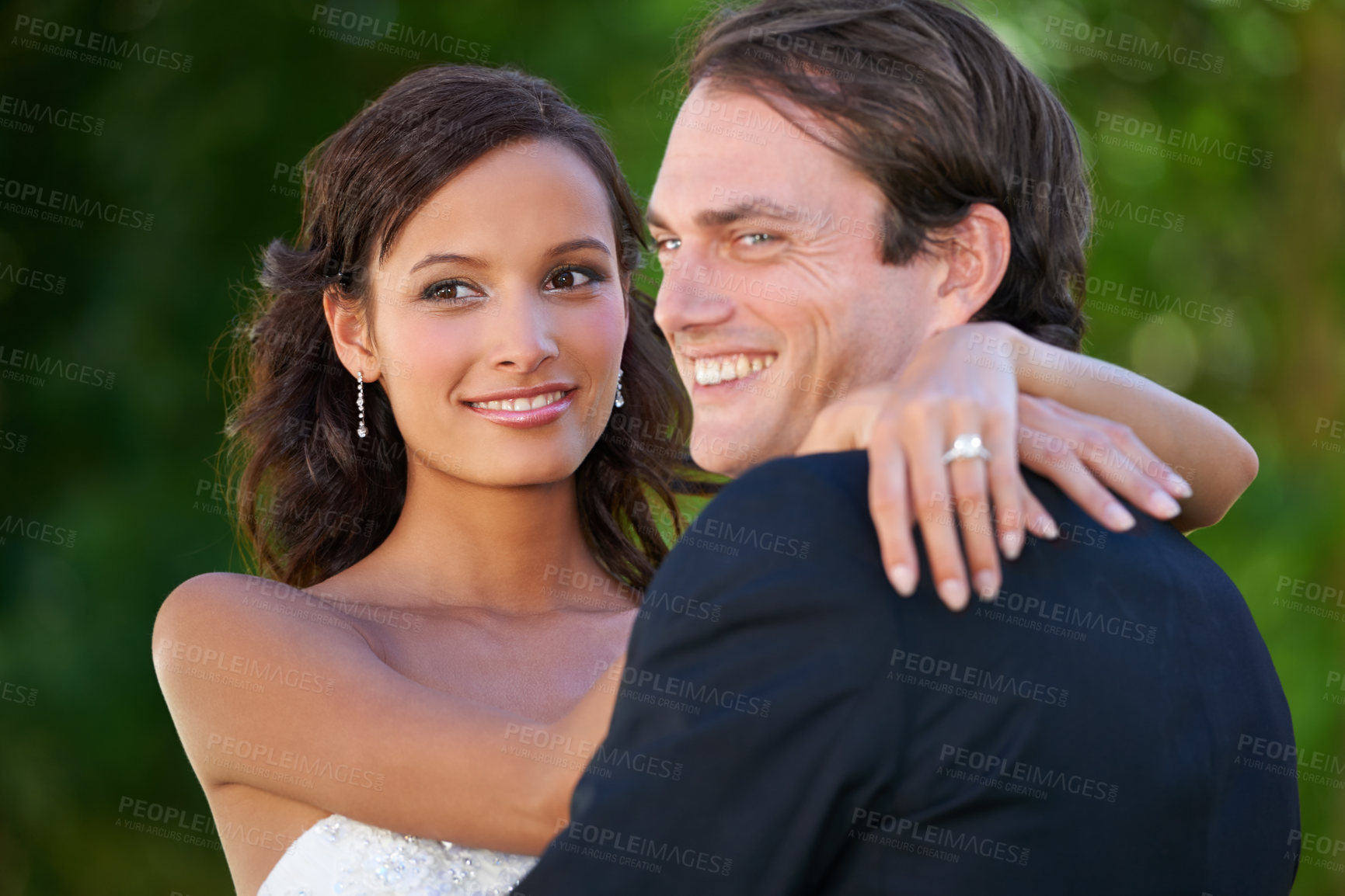 Buy stock photo A happy bridal couple smiling