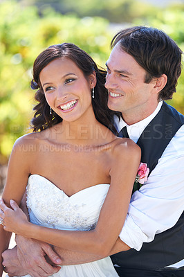 Buy stock photo Love, happy couple hug at wedding and marriage in nature together, bonding or romance. Man, woman or bride, groom or embrace outdoor for support, commitment and connection in relationship at event