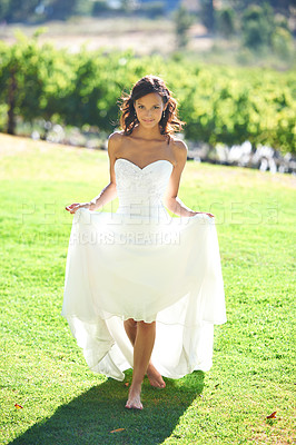 Buy stock photo Fashion, portrait and woman in wedding dress in a garden for celebration of love, commitment or union outdoor. Marriage, ceremony and bride with beauty, elegance and luxury clothing for classic event