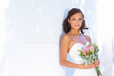 Buy stock photo Happy, wedding and bouquet with portrait of bride at venue for love, celebration and engagement. Ceremony, reception and fashion with woman and flowers in dress for event, commitment and marriage