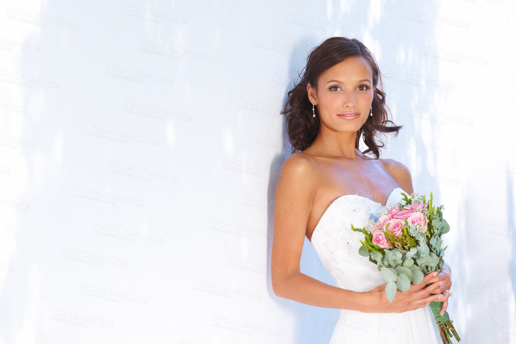 Buy stock photo Happy, wedding and bouquet with portrait of bride at venue for love, celebration and engagement. Ceremony, reception and fashion with woman and flowers in dress for event, commitment and marriage