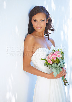 Buy stock photo Event, wedding and bouquet with portrait of woman at venue for love, celebration and engagement. Ceremony, reception and fashion with bride and flowers in dress for happy, commitment and marriage