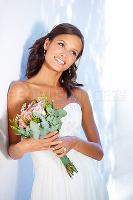 Buy stock photo Happy, wedding and young woman with flowers for luxury marriage ceremony, party or reception. Smile, love and beautiful bride from Mexico with makeup and floral bouquet for romantic celebration.