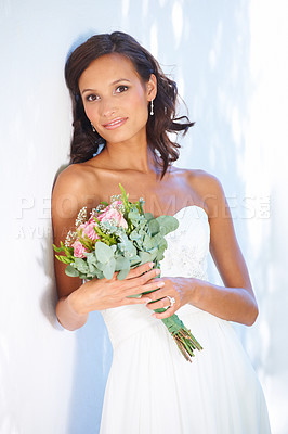 Buy stock photo Makeup, wedding and bouquet with portrait of woman at venue for love, celebration and engagement. Ceremony, reception and fashion with bride and flowers in dress for event, commitment and marriage