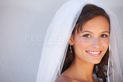 Buy stock photo Bride, portrait and happy beauty for wedding with fashion, cosmetic and jewellery for union ceremony. Woman, face and make up for glow in matrimony celebration, commitment and smile for special event