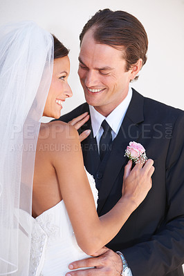 Buy stock photo Bride woman, man and smile at wedding for hug, thinking or pride for commitment at event, celebration or party. Couple, marriage and together for love, symbol and happy with vision, ideas and memory