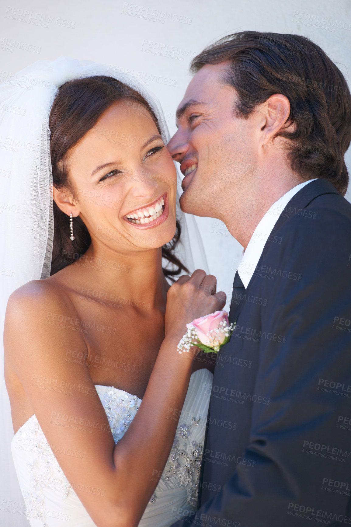 Buy stock photo Bride woman, man and happy at wedding for hug, thinking or laugh with commitment at event, celebration or party. Couple, marriage and together for love, talking and smile with vision, ideas or memory