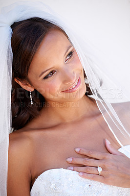 Buy stock photo Bride woman, ring and happy at wedding with thinking, pride and commitment at event, celebration and party. Girl, marriage and diamond jewelry for love, metal and smile with vision, ideas and memory