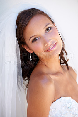Buy stock photo Portrait, smile and a woman at her wedding for love, marriage or an event of tradition in celebration of commitment. Face, beauty and elegance with a happy young bride getting married at a ceremony