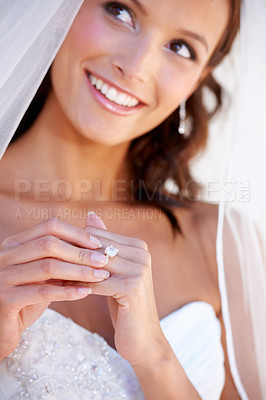 Buy stock photo Closeup of a young bride wearing her wedding ring