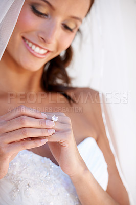 Buy stock photo Bride woman, ring and smile at wedding with thinking, pride and commitment at event, celebration and party. Girl, marriage and diamond jewelry for love, symbol and happy with vision, ideas and memory