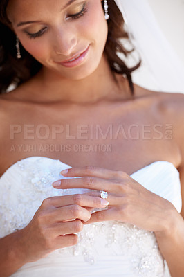 Buy stock photo Bride woman, wedding and diamond ring with smile, idea and thinking for commitment at event, celebration or party. Girl, marriage and jewelry for love, metal and hand with vision, summer and memory
