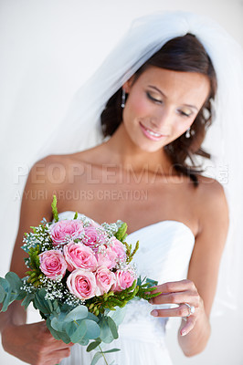 Buy stock photo Woman, flower bouquet and wedding dress for marriage celebration, love promise or diamond ring. Female person, plant or veil or elegant gown for floral romance, partnership bride or commitment event