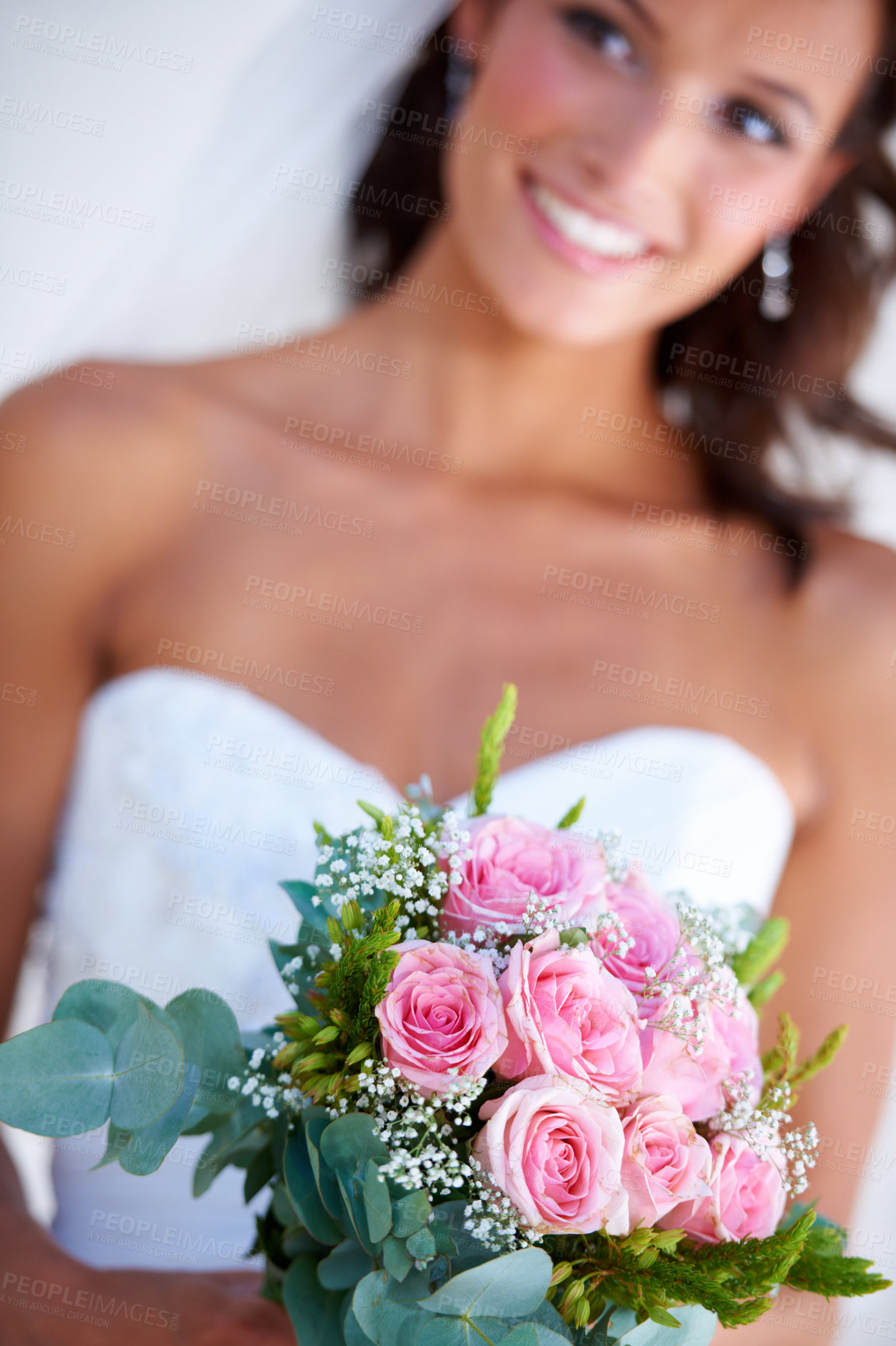 Buy stock photo Bride woman, bouquet and happy at wedding with thinking, pride and commitment at event, celebration and party. Girl, marriage and floral plants for love, roses or flowers with smile, ideas and memory