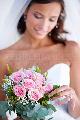 Buy stock photo Woman, flower bouquet and wedding dress for marriage ceremony, love promise or diamond ring. Female person, plant or veil and elegant gown for floral romance, partnership bride or commitment event