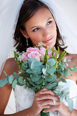 Buy stock photo Bride woman, bouquet and flowers at wedding with thinking, pride and commitment at event, celebration and party. Girl, marriage and floral plants for love, roses or vision with smile, ideas or memory