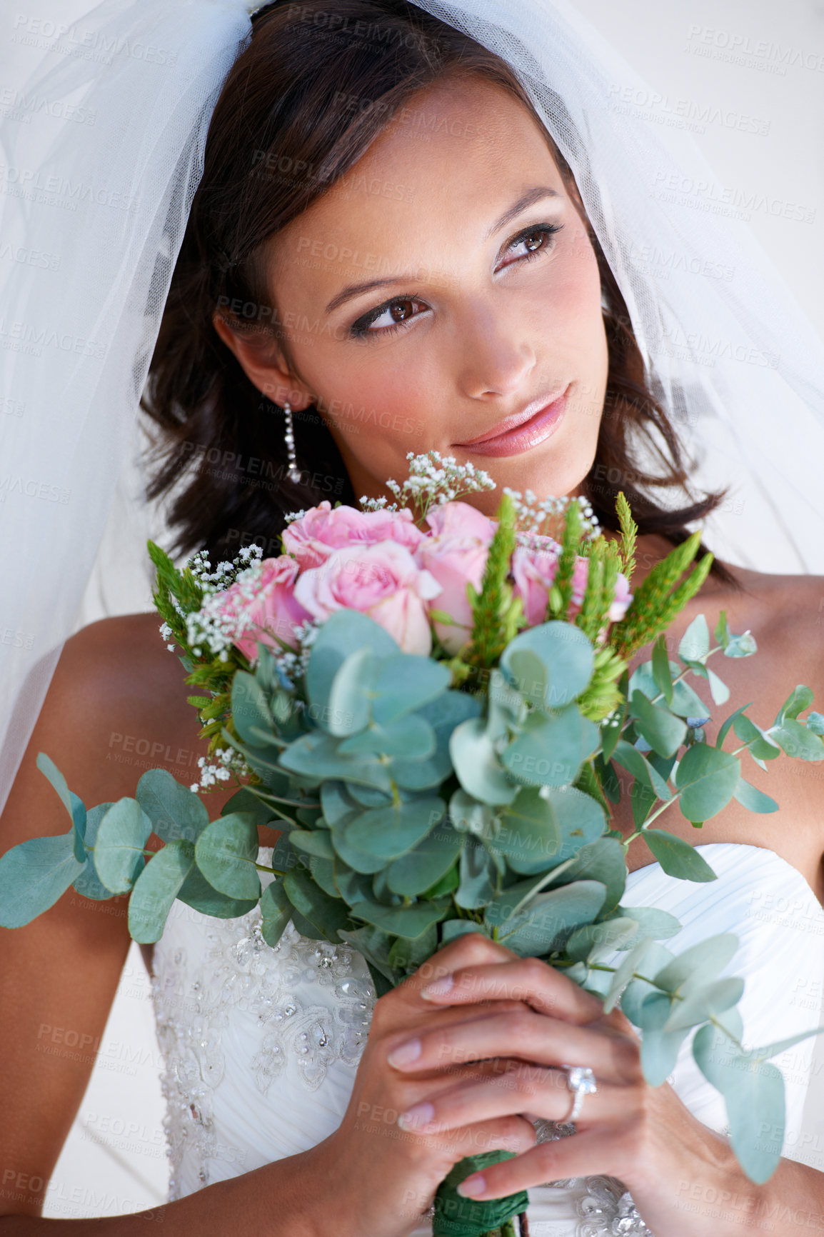 Buy stock photo Bride woman, bouquet and flowers at wedding with thinking, pride and commitment at event, celebration and party. Girl, marriage and floral plants for love, roses or vision with smile, ideas or memory