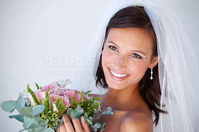 Buy stock photo Smile, wedding and young woman with flowers for luxury marriage ceremony, party or reception. Happy, love and beautiful bride from Mexico with makeup and floral bouquet for romantic celebration.