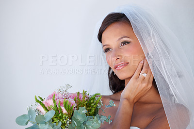 Buy stock photo Thinking, wedding and young woman with flowers, veil and engagement ring for marriage ceremony. Smile, beauty and bride with makeup face and floral bouquet for elegant, romantic and love reception.