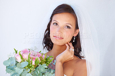 Buy stock photo Smile, wedding and young woman with flowers for luxury marriage ceremony, party or reception. Happy, love and beautiful bride from Mexico with makeup and floral bouquet for romantic celebration.