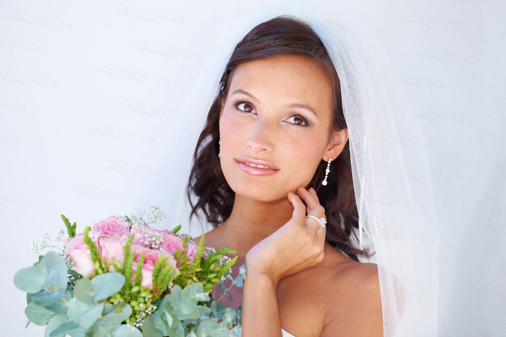 Buy stock photo Smile, wedding and young woman with flowers for luxury marriage ceremony, party or reception. Happy, love and beautiful bride from Mexico with makeup and floral bouquet for romantic celebration.