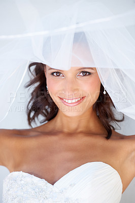 Buy stock photo Bride, wedding dress and portrait with veil for ceremony, beautiful and happiness with smile, prepare and makeup. Marriage, commitment and elegant gown for big day, person and clothes for woman
