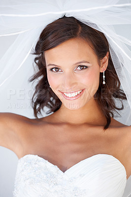 Buy stock photo Wedding, veil and portrait of bride with makeup and fashion for celebration of marriage. Bridal, aesthetic and happy woman at commitment ceremony with beauty, cosmetics and confidence in dress