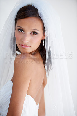 Buy stock photo Wedding, portrait and bride with veil, makeup and fashion for celebration of marriage. Bridal, aesthetic and woman in gown for ceremony with beauty, cosmetics and confidence and pride in dress