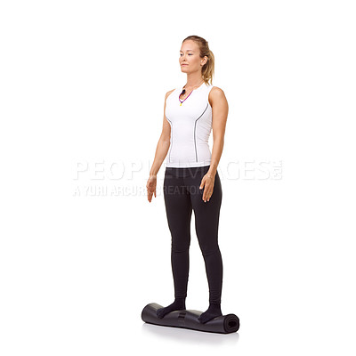 Buy stock photo Woman, exercise and mat in studio for fitness, pilates or workout for healthy body, wellness or balance. Person, face and yoga in sportswear for physical activity on mock up space or white background