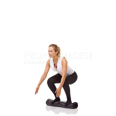 Buy stock photo Woman, squat and exercise on mat, studio profile and workout for legs, fitness and health by white background. Girl, yoga or pilates with training, thinking and muscle development process on floor