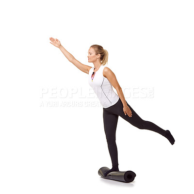 Buy stock photo Woman, exercise and mat in studio for balance, pilates or workout for healthy body, wellness or fitness. Person, face and yoga in sportswear for physical activity on mock up space or white background