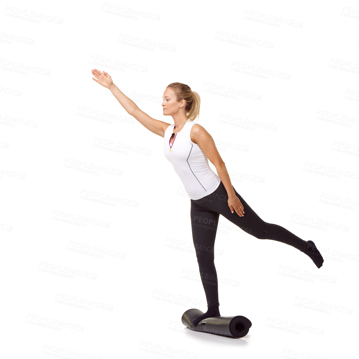 Buy stock photo Woman, exercise and mat in studio for balance, pilates or workout for healthy body, wellness or fitness. Person, face and yoga in sportswear for physical activity on mock up space or white background