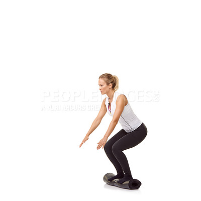 Buy stock photo Woman, exercise and mat in studio for workout, pilates or fitness for healthy body, wellness or balance. Person, face and yoga in sportswear for physical activity on mock up space or white background