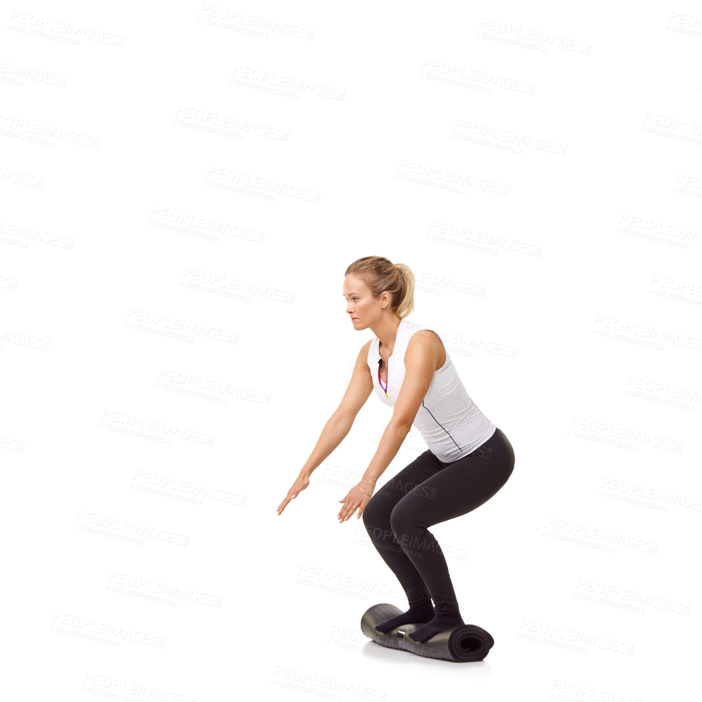 Buy stock photo Woman, exercise and mat in studio for workout, pilates or fitness for healthy body, wellness or balance. Person, face and yoga in sportswear for physical activity on mock up space or white background