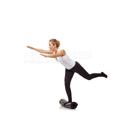 Buy stock photo Woman, exercise and mat in studio for balance, pilates or workout for healthy body, wellness or fitness. Person, face and yoga in sportswear for physical activity on mock up space or white background