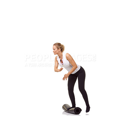 Buy stock photo Woman, balance and mat in studio for fitness, pilates or workout for healthy body, wellness or exercise. Person, face and yoga in sportswear for physical activity on mock up space or white background