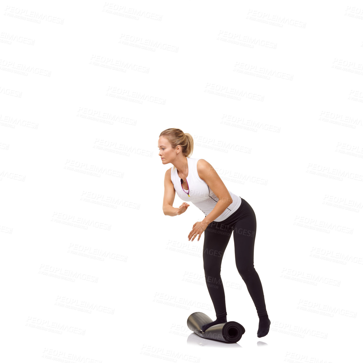 Buy stock photo Woman, balance and mat in studio for fitness, pilates or workout for healthy body, wellness or exercise. Person, face and yoga in sportswear for physical activity on mock up space or white background