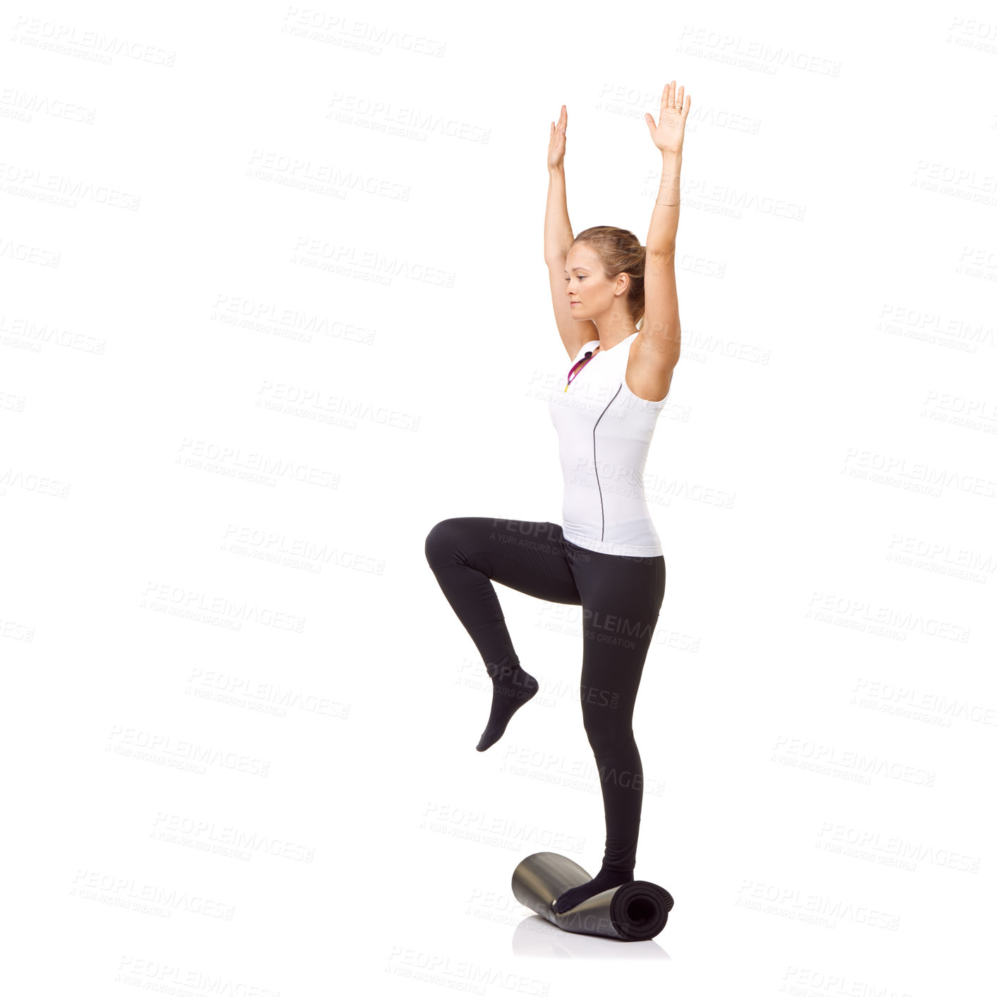 Buy stock photo Woman, exercise and mat in studio for balance, pilates or workout for healthy body, wellness or fitness. Person, face and yoga or stretching for physical activity on mock up space or white background