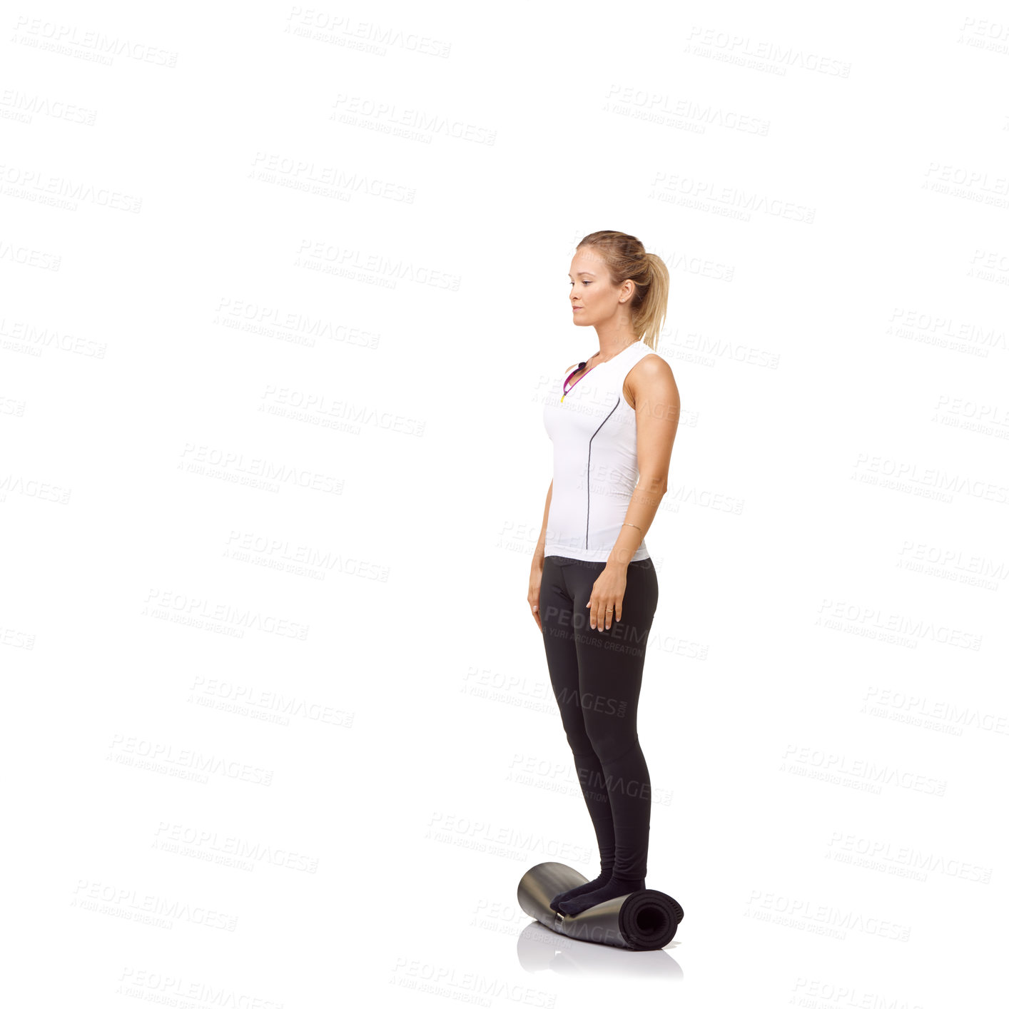 Buy stock photo Woman, balance and mat in studio for fitness, pilates or workout for healthy body, wellness or exercise. Person, face and yoga in sportswear for physical activity on mock up space or white background