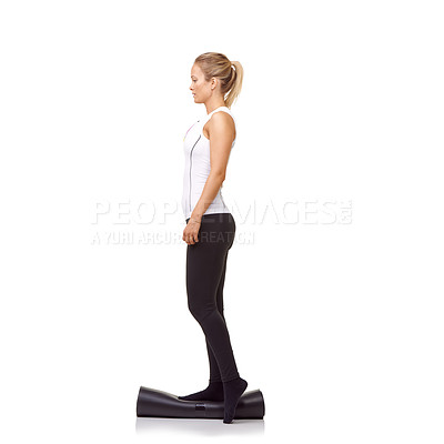 Buy stock photo Woman, exercise and mat in studio for balance, pilates or workout for healthy body, wellness or fitness. Person, face and yoga in sportswear for physical activity on mock up space or white background