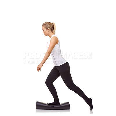 Buy stock photo Woman, balance and mat in studio for fitness, pilates or workout for healthy body, wellness or exercise. Person, socks or yoga in sportswear for physical activity on mock up space or white background