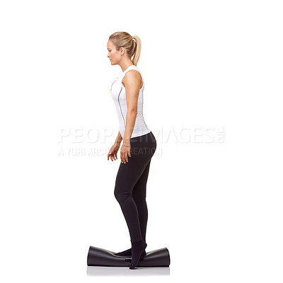 Buy stock photo Woman, exercise and mat in studio for fitness, pilates or workout for healthy body, wellness or balance. Person, face and yoga in sportswear for physical activity on mock up space or white background