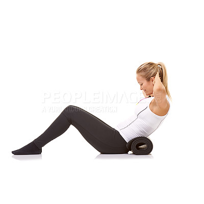 Buy stock photo Woman, situp and training with mat in studio profile, stretching and stomach for fitness by white background. Girl, strong abdomen and workout for smile, thinking or muscle with mockup space on floor