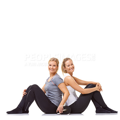 Buy stock photo Women, friends and portrait in studio for fitness, exercise and healthy workout on white background. Wellness, training and smile on floor for yoga class, energy or support together with mockup space