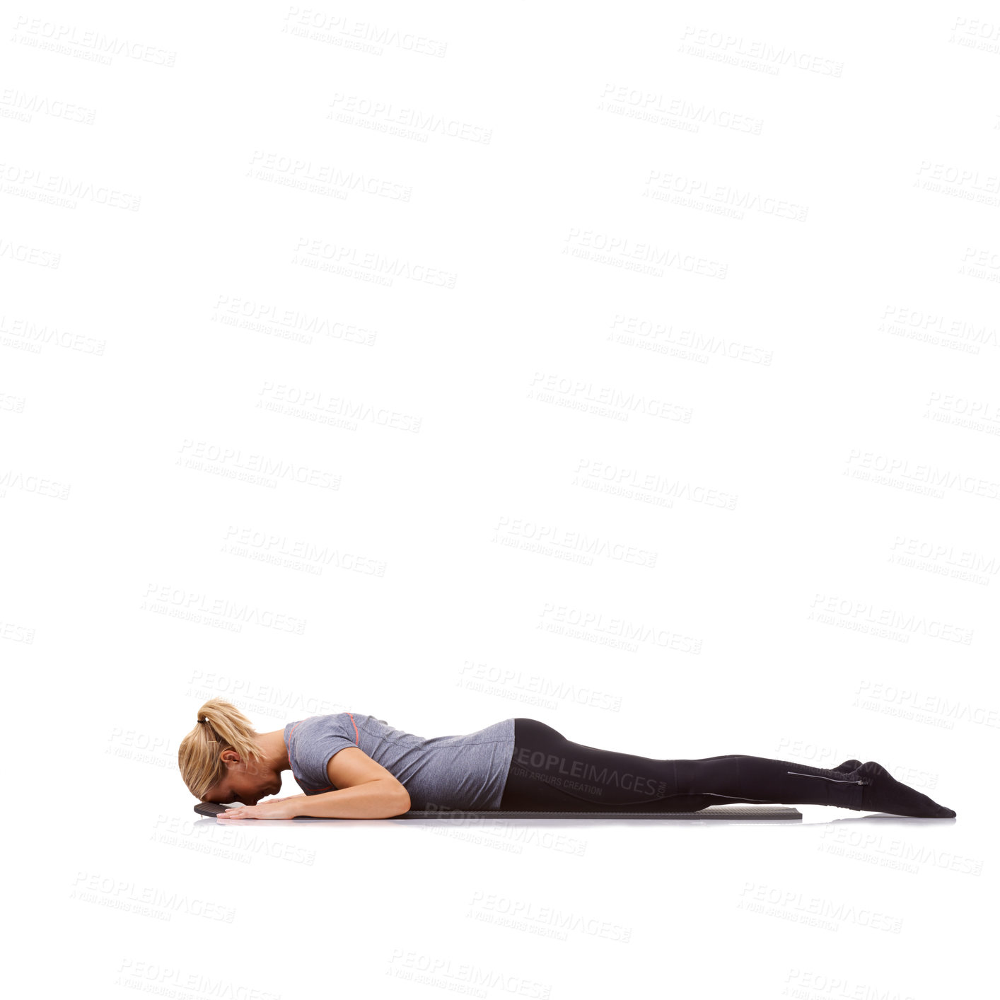 Buy stock photo Woman, fitness and mat in studio for yoga, pilates or workout for healthy body, wellness and core muscle. Person, exercise and stretching on floor for abdomen on mockup space and white background