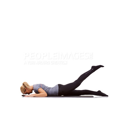 Buy stock photo Woman, fitness and mat in studio for plank, pilates or workout for healthy body, wellness and core muscle. Person, exercise and yoga on floor for abdomen health on mockup space and white background