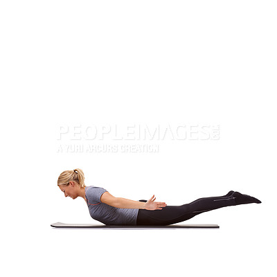 Buy stock photo Woman, back extension and fitness for workout, flexible body or strong core in studio on mockup white background. Yoga, profile and healthy lady balance on floor for agile training of locust exercise
